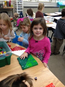 It took work and negotiation to find enough green blocks to create this pattern!